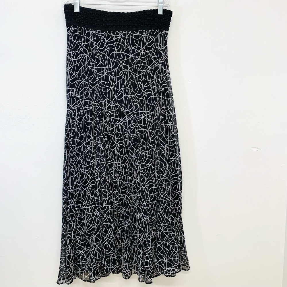Lapis Midi Skirt Small Pull On  Smock Black Chiffon Geometric Full‎ Flowy Boho